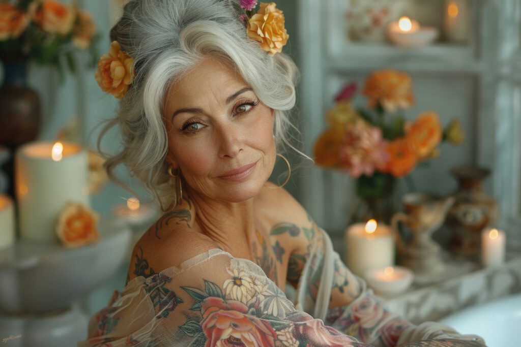 Een elegante oudere vrouw met grijs haar, versierd met gele bloemen, draagt een doorschijnende bloemenomslag en zit in een zacht verlichte kamer met kaarsen en levendige bloemen op de achtergrond, terwijl ze zachtjes naar de camera glimlacht.